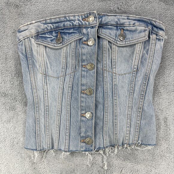 Zara Tops - Zara Bustier Top Women's XS Blue Denim Cotton Stretch Smocked Back Strapless